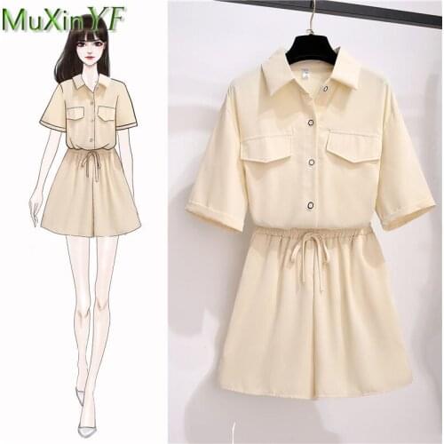 Womens shorts suit summer new loose Plus size Crop top Pants two-piece Korean fashion casual sweatshirt set Female T-shirt trou