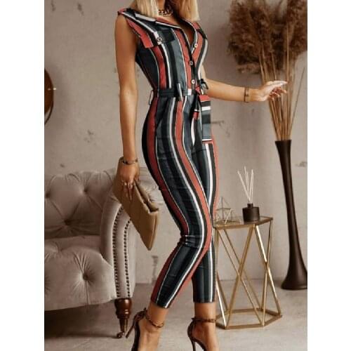 Fashion Striped Jumpsuit Women Sleeveless One Pc Rompers Long Elegant Bodysuits Overalls Slim Combinaison Femme Macacao Feminino