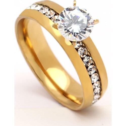 New Arrival 316L Stainless Steel Ring with CZ crystal Fashion Steel Ring For Ladies wedding engagement ring gold color jewelry
