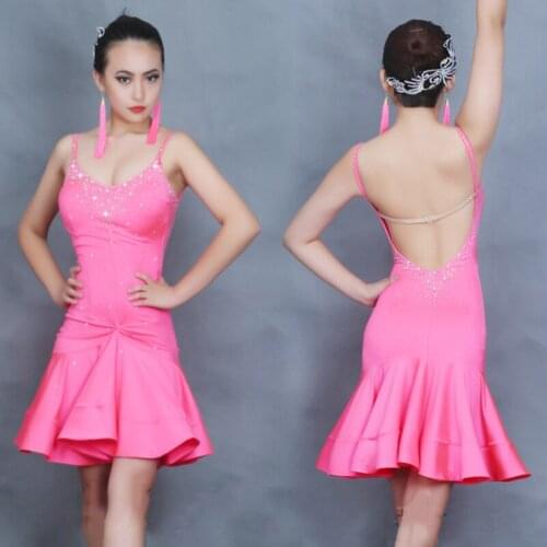 Sexy Back Latin Dance Dress Women Pink Dress Performance Dancewear Customized Size Ballroom Competition Costume Latin Dresses