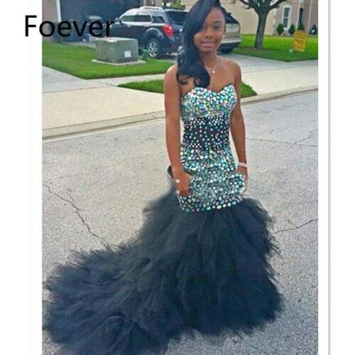 Africa Nigeria Black girl Shiny Black Mermaid Prom Dress Crystal Beading Sweetheart Strapless Formal Gown Vestidos De Festa