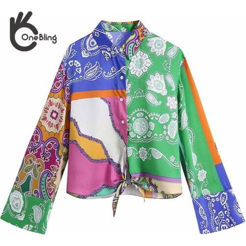 OneBling Random Print Hit Color Summer Casual Shirts Tie Hem Lapel Collar Wrist Sleeve Buttons Women Loose Blouses Female Tops