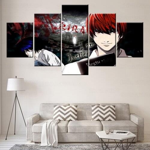 Decorative Framework Canvas Painting Modern HD Print Type Modular 5 Panel Anime Death Note Light Yagami Vs L Poster Home Decor