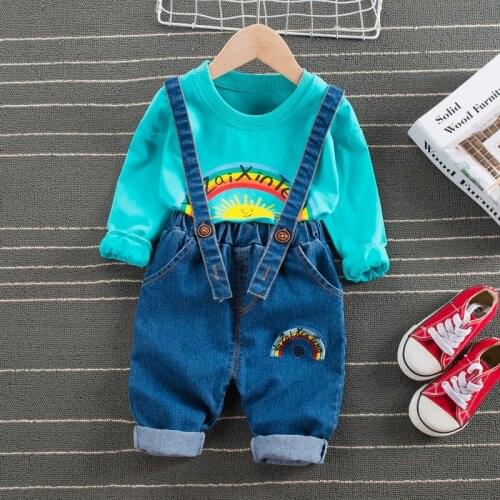 2020 Spring and Autumn Print Rainbow Denim Boys Girl Overalls for Jeans Jumpsuit Children Leisure Pants Two-piece Suit