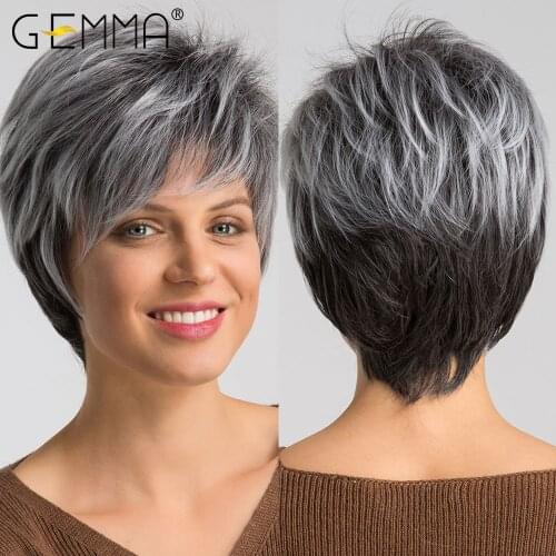GEMMA Short Straight Ombre Gray Ash White Black Synthetic Hair Wigs with Side Bangs Pixie Cut Cosplay Party Daily Wigs for Women