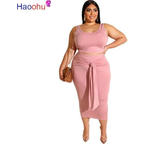 HAOOHU PLus size XL-5XL women summer tie dye tank top tie up bodycon midi skirt suit tracksuit two piece set sexy dress 7 color