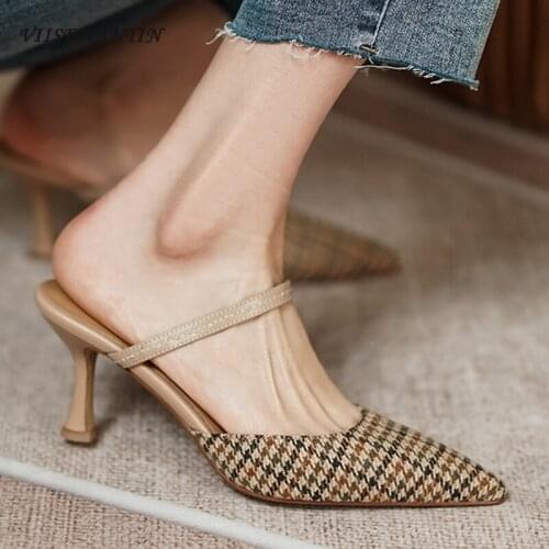 Brown temperament retro plaid pattern stiletto high heels spring and summer French pointed toe leather high heel sandals