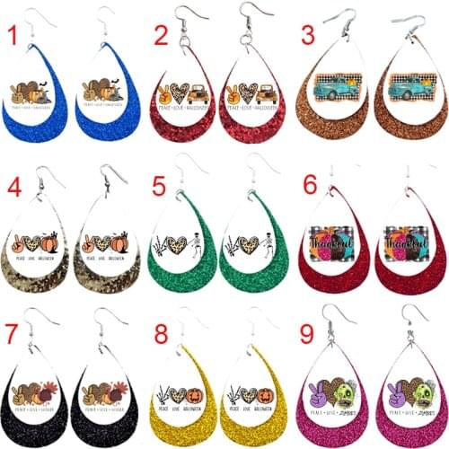 Peace Love Halloween Pumpkin Leather Teardrop Layered Glitter Fall Imprint Pumpkin Printed Earrings New