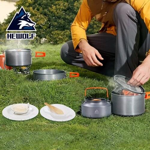 Hewolf Outdoor Cookware Set Picnic Cookware Set For 4-5 People Camping Teapot Tourism Portable Aluminum Alloy Cookware Set
