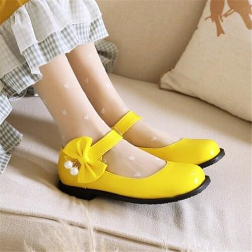 PXELENA 7 Candy Color Large Size 34-48 Sweet Girls Lolita Mary Janes Shoes Bow tie Pearls Low Heels JK LO Princess Cosplay Pink