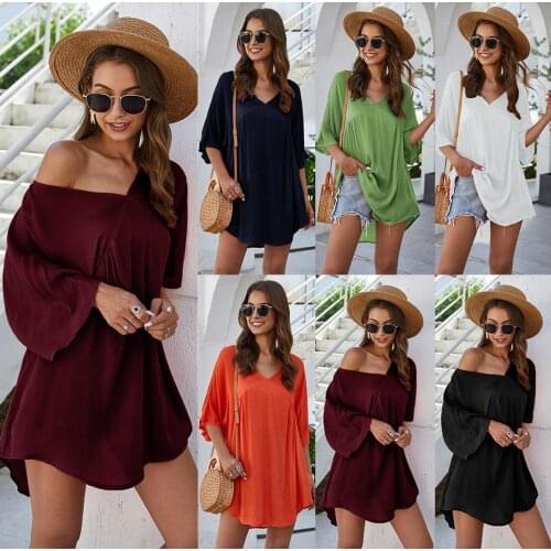 New Womens Casual Long T-shirt European And American V-neck Short-Sleeved Shirt Female green black white wine red navy blu