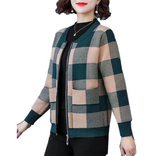 Womens Jacket Spring Autumn Short Cardigan Coat Fashion Casual Plaid Femme Tops Middle-aged Mother Jackets Plus Size 5XL W2318