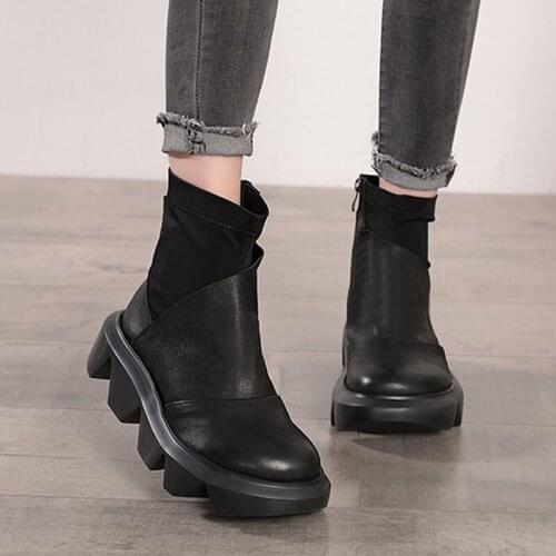 2020 New Autumn Winter Women Boots Genuine Leather Zip Black Women Shoes Round Toe Handmade Leisure Concise Platform Botas Mujer