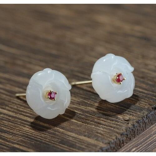 100%S925 silver process for women fashion exquisite hetian jade flower earrings