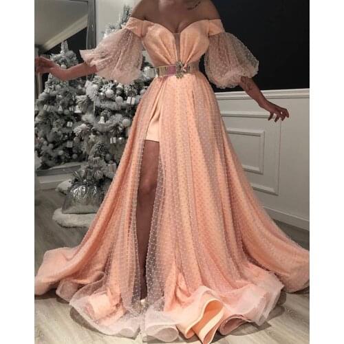 Abendkleider Formal Party Dress Half Sleeves Flare No Belt Long Evening Gowns Custom Evening Dresses Peach Dot Vestido Longo