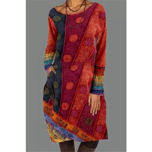 Spring 2021 Women Print Dress Vintage O-Neck Casual Boho Women Clothes Long Sleeve Ladies Red Short Dress Dot Streetwear Vestido