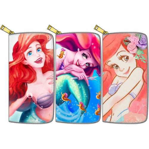 19cm Disney Cartoon Mermaid Series Wallet Ariel Princess Cute PU Wallet Long Zipper Card Holder Coin Purse Girls Money Bag