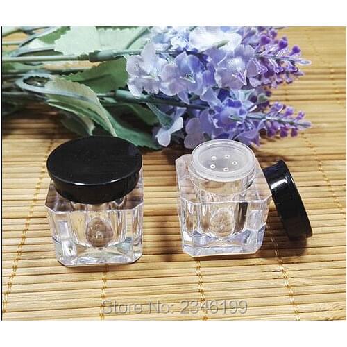 3G 3ML Arcylic Powder Case, Cosmetic Square Transparent With Plastic Grid Jar, Black Lid Small Sample Packing Jar, 100pcs/lot