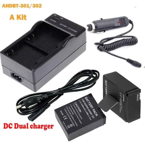 Hero3 battery AHDBT-301 AHDBT-302 bateria+Eur/Car cable +Dual charger For GoPro Hero 3/3+ action camera accessory