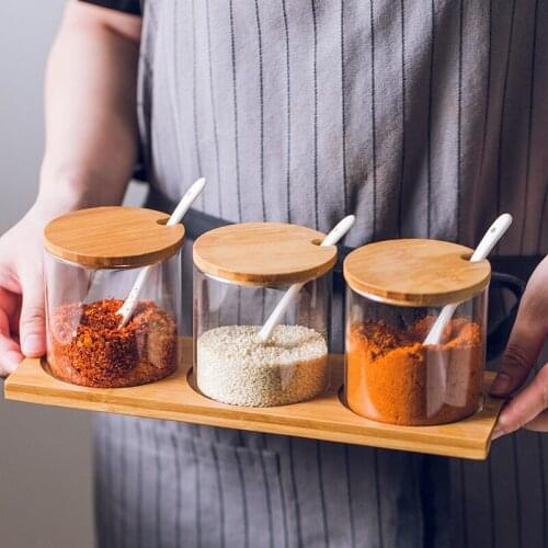 Spice Jars Kitchen Transparent Condiment Salt Pepper Storage Containers with Wood Spoon Bamboo Lid Sugar Coffee Seasoning Bottle