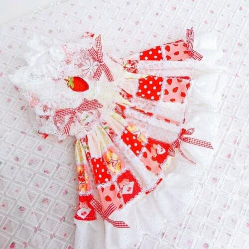 Free Shipping Handmade Dog Clothes Adorable Princess Dog Dress Lolita Strawberry Rabbit Lace Jumper Skirt Sleeveless Pet Outfit