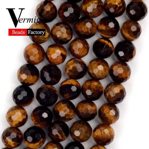 46pcs Natural Stone Beads 8mm Faceted Yellow Tiger Eye Gemstones Round Beads for Jewelry Making Bracelets Jewellery Accessories