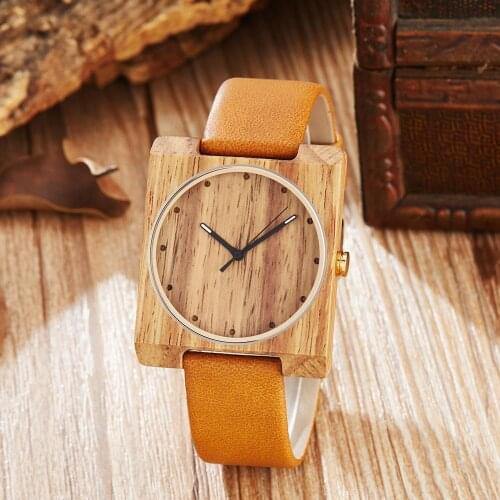 Wooden Watch Men Natural Lightweight Wood Watches Mens Quartz Watches Creative Square Dial Leather Wristwatches Clock