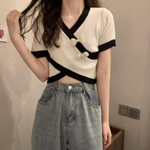 Womens Blouses New Korean Design Contrast Color V-neck Bow Short-sleeved Sweater Women