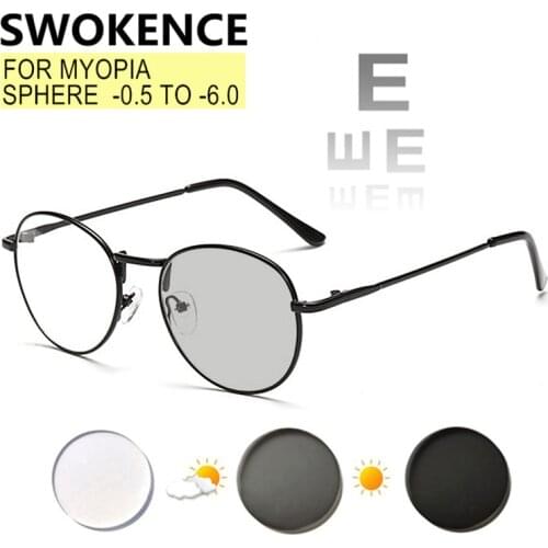 SWOKENCE Photochromic Myopia Glasses Prescription -0.5 to -6.0 Women Men Round Frame Chameleon Lens Nearsighted Spectacles F514