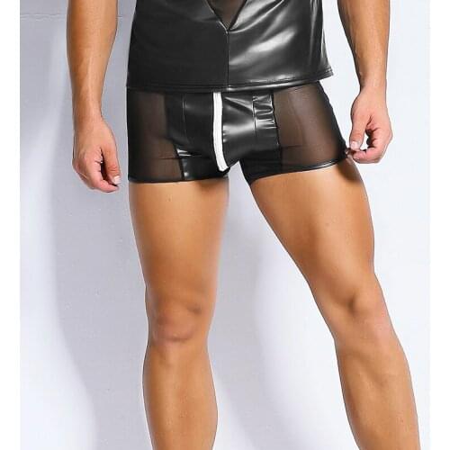 Hot Sexy Lingerie Mens Black Tight Leather Latex PVC Stitching Slim Shorts Zip Pouch Nightclub Gay Fetish Wetlook Latex Short