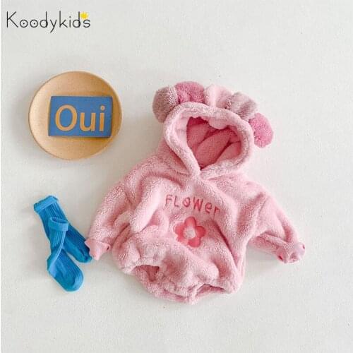 Koodykids Autumn Baby Girl Bodysuits Winter Thick Fleece Newborn Rompers Pink Warm Clothing Infant Winter Rompers 0-2 Years
