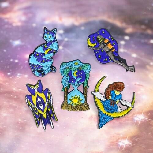 Cartoon Starry Night Sky Sun and Moon Enamel Pins Astronaut Hourglass Owl Cat Princess Brooches Alloy Badge Lapel Jewelry Gift