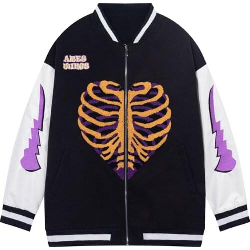 Couple Skeleton Love Flocking Jacket Men American PU Leather Stitching Color Contrast Cotton Fleece Warm Baseball Uniform Winter