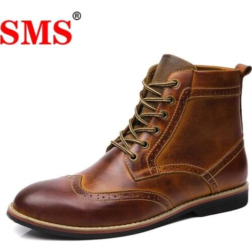 SMS new men boots leather sneakers oxford boots british style ankle boots motorcycle boots retro carved flower chelsea boots