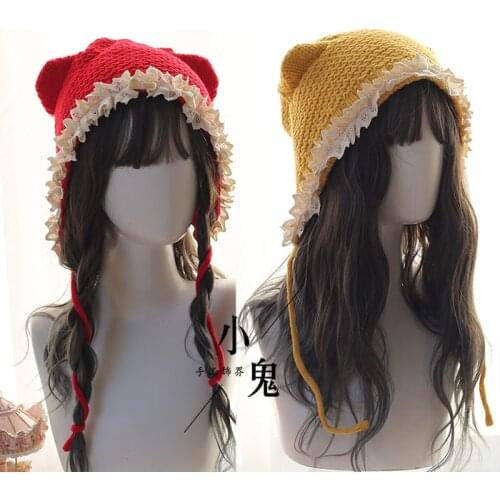 The Cat ears Lolita soft sister Japanese hand - made hat woolen cap female of autumn and winter hat French lace a warm hat