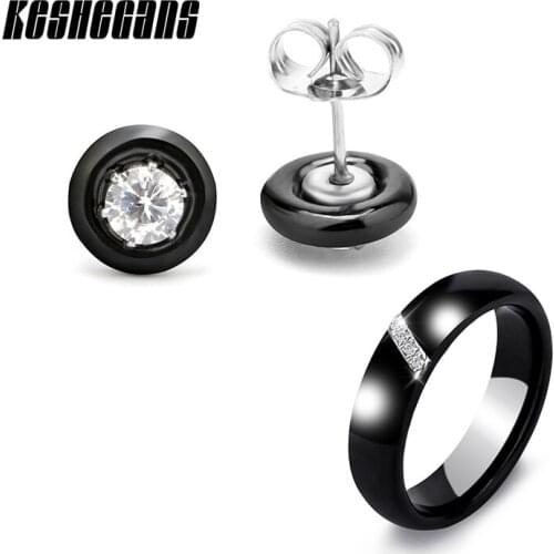 Bling Rhinestone Wedding Party Jewelry Set Crystal Stud Earrings Ring Steel Black White Ceramic Fashion Jewelry For Women Gifts