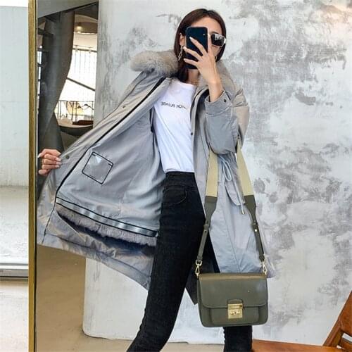 Winter New Real Rabbit Fur Liner Fur Coat Female Big Fox Fur Collar Big Pocket Lace up Parkas Office Lady Warm Overcoat