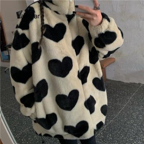 Autumn Winter Thick Jacket Female Casual Fashion Lamb Fluffy Comfortable Sweet Korean Loose Heart Pattern Warm Faux Fur Coat