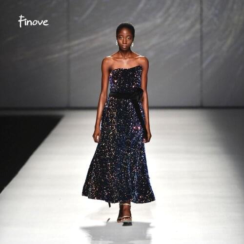 Finove Prom Dresses 2020 New Spakly Sequined Sexy Strapless Lace-Up Back Tea-Length Party Dress Gowns For Girls Plus Sizes