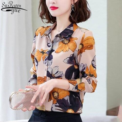 Long Sleeve Print Chiffon Blouse Fashion Floral Print Shirt Women 2021 Spring Autumn Cardigan Clothes Plus Size S-4XL Tops 10474