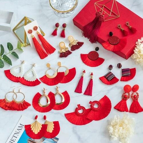 Bicux New Fashion Bohemian Big Tassel Drop Earrings 2020 For Women Cotton Silk Fabric Red Wedding Dangle Earrings Female Jewelry