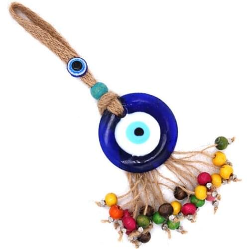 Blue Turkish Eye Hand-Woven Hemp Rope Wooden Beads Personality Pendant Wall Hanging Home Garden Decoration
