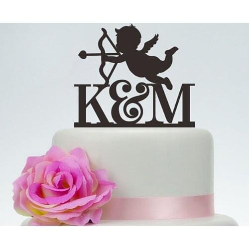 Angle Wedding Cake Topper With Initials And Cupid,unique Acrylic Silver Personalized Cake Topper,Custom Cake Topper with love