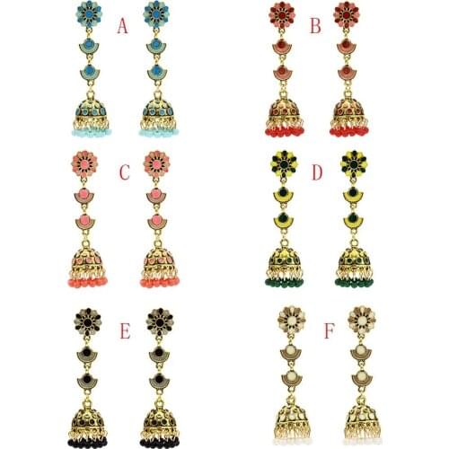 Vintage Ethnic Long Pink Flower Jhumka Earrings Gypsy Indian Earrings Women Ladies Round Bell Earrings Jewelry Accessory