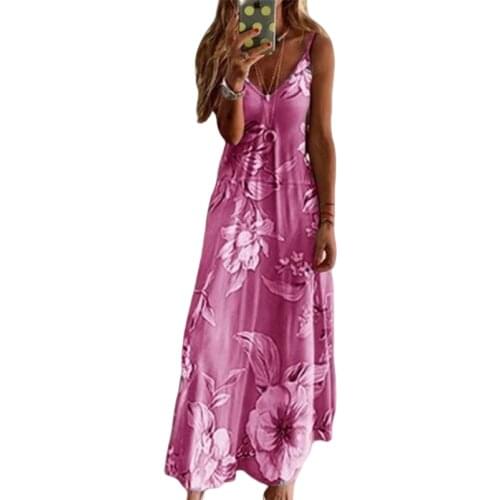 Women Printed Long Dress Sleeveless V-Neck Fit and Flare Dress Floral-Printed Ankle-Length Dresses 6 Colors S-3XL