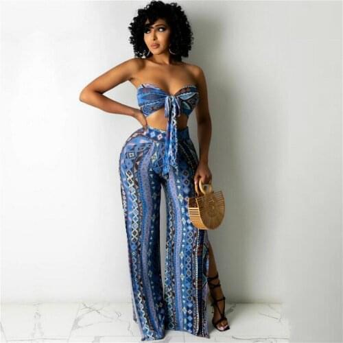 Women Boho Printed 2 Pieces Fashion Summer Knottes Strapless Vest Tube Tops Wide Leg Trousers Outfits Female Beach Vacation XXL