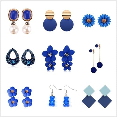 New Blue Color Dangle Earring for Women Trendy Metal Flower Leaf Crystal Waterdrop Brincos Sweet Wedding Party Jewelry Xmas Gift