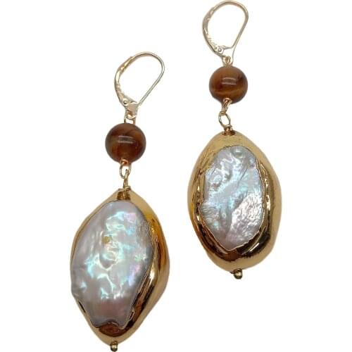 YYGEM natural White Keshi Pearl With Electroplated Edge Yellow Tiger Eye Round dangle Leverback Earrings office style for women