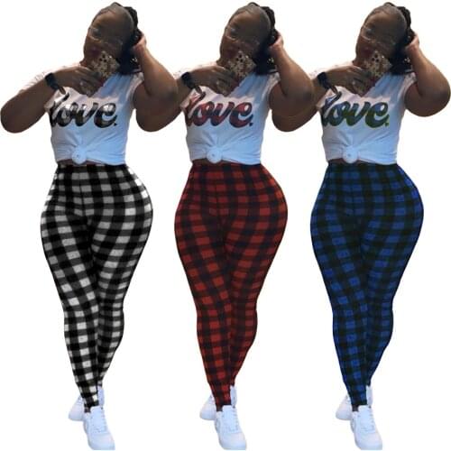 Cutubly Women Two Piece Pant Set Casual Slim Trousers Set For Girls Set Plaid Color Contrast Love Letter Printed T-Shirt Top