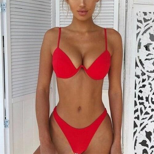 Women Fashion Padded Bra Bikini Set Solid Swimsuit Ladies Solid Bandage Push-up Triangle Swimwear Bathing Suits Biquini Swimwear